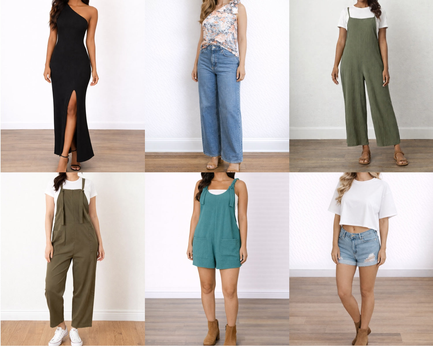 Collage of women wearing different outfits including dresses, jumpsuits, and shorts.