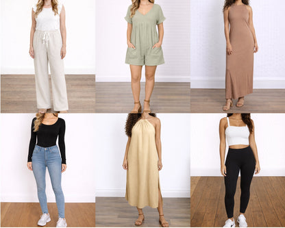 Grid of women wearing different outfits on a plain background