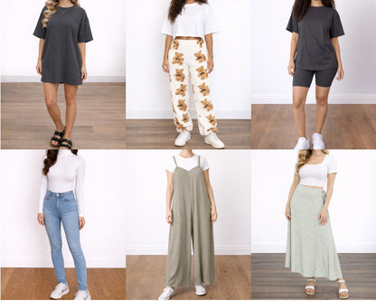 Collage of six different outfit combinations with people wearing various clothing items.