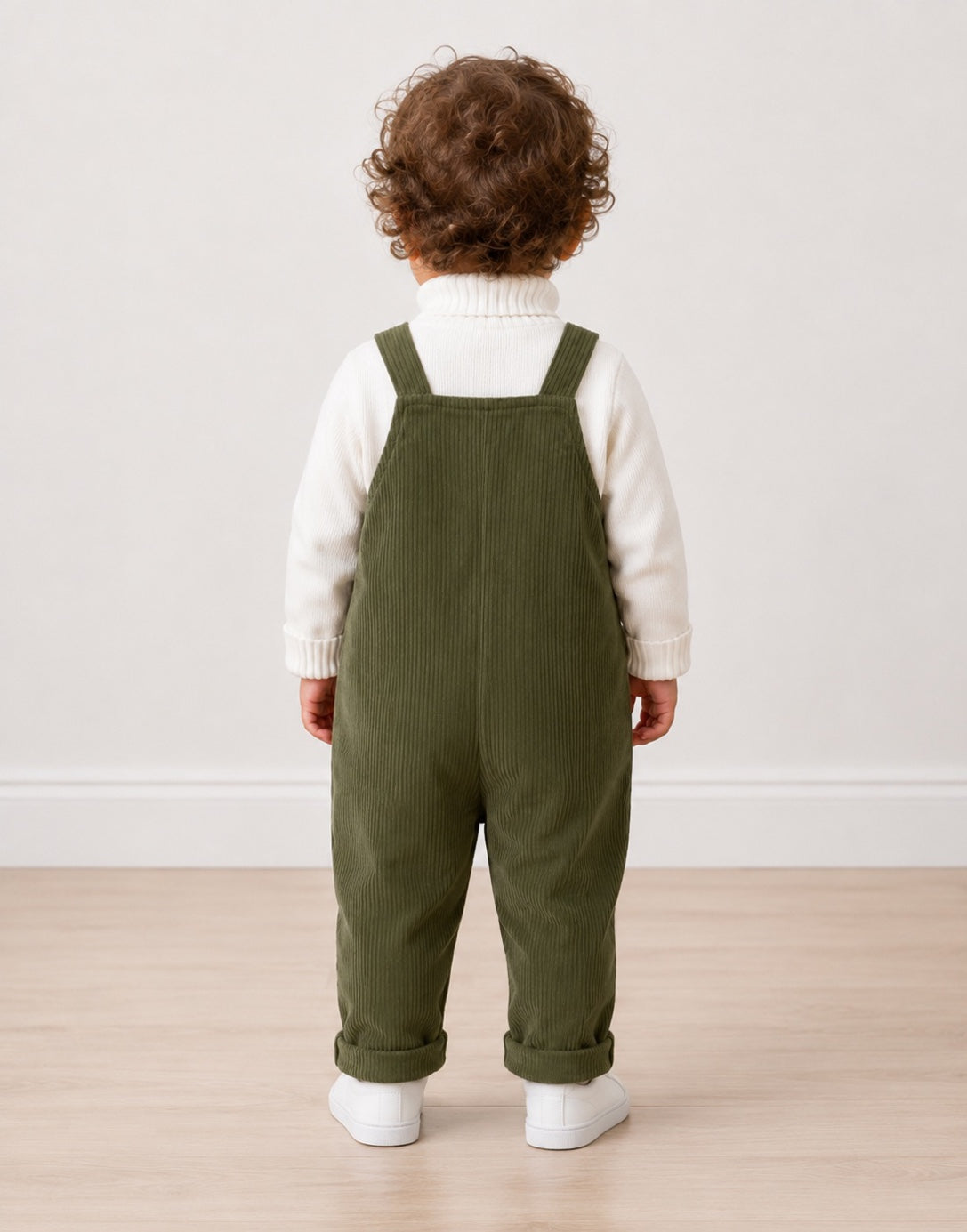 Back view of a toddler standing indoors wearing olive green corduroy overall-style pants over a white ribbed turtleneck sweater, with white sneakers, against a plain light wall and wood floor.