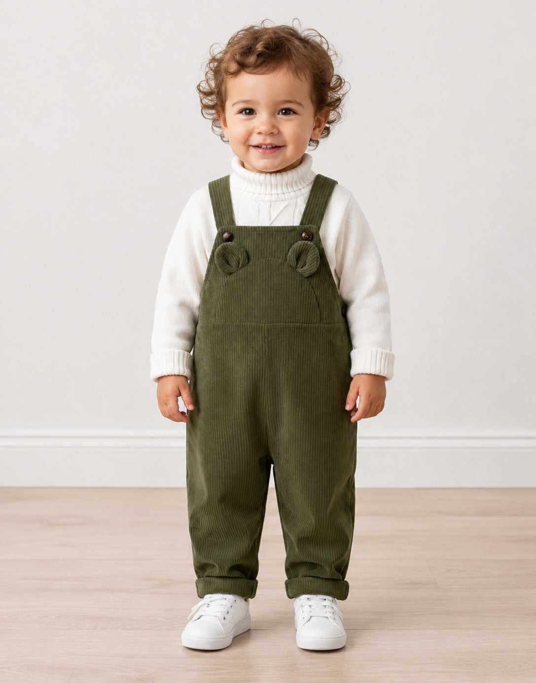 A toddler standing indoors wearing olive green corduroy overall-style pants over a white ribbed turtleneck sweater, with white sneakers, against a plain light wall and wood floor.