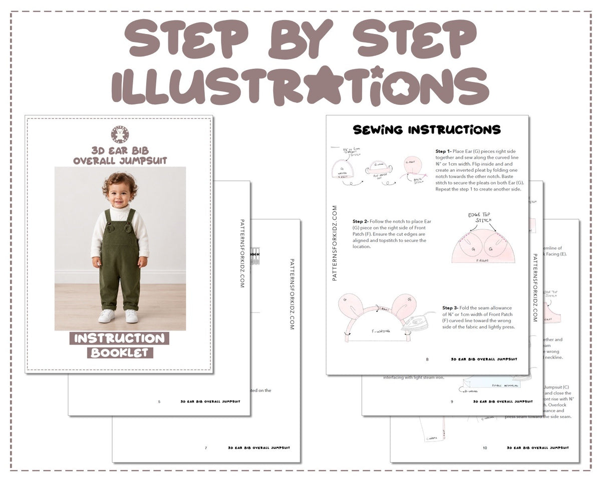 3D Ear Bib Overall Jumpsuit sewing pattern instruction booklet showing step by step illustrations to make the garment.