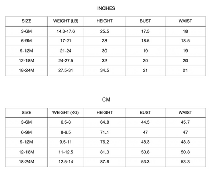 Patterns For Kidz 6m-3y size chart