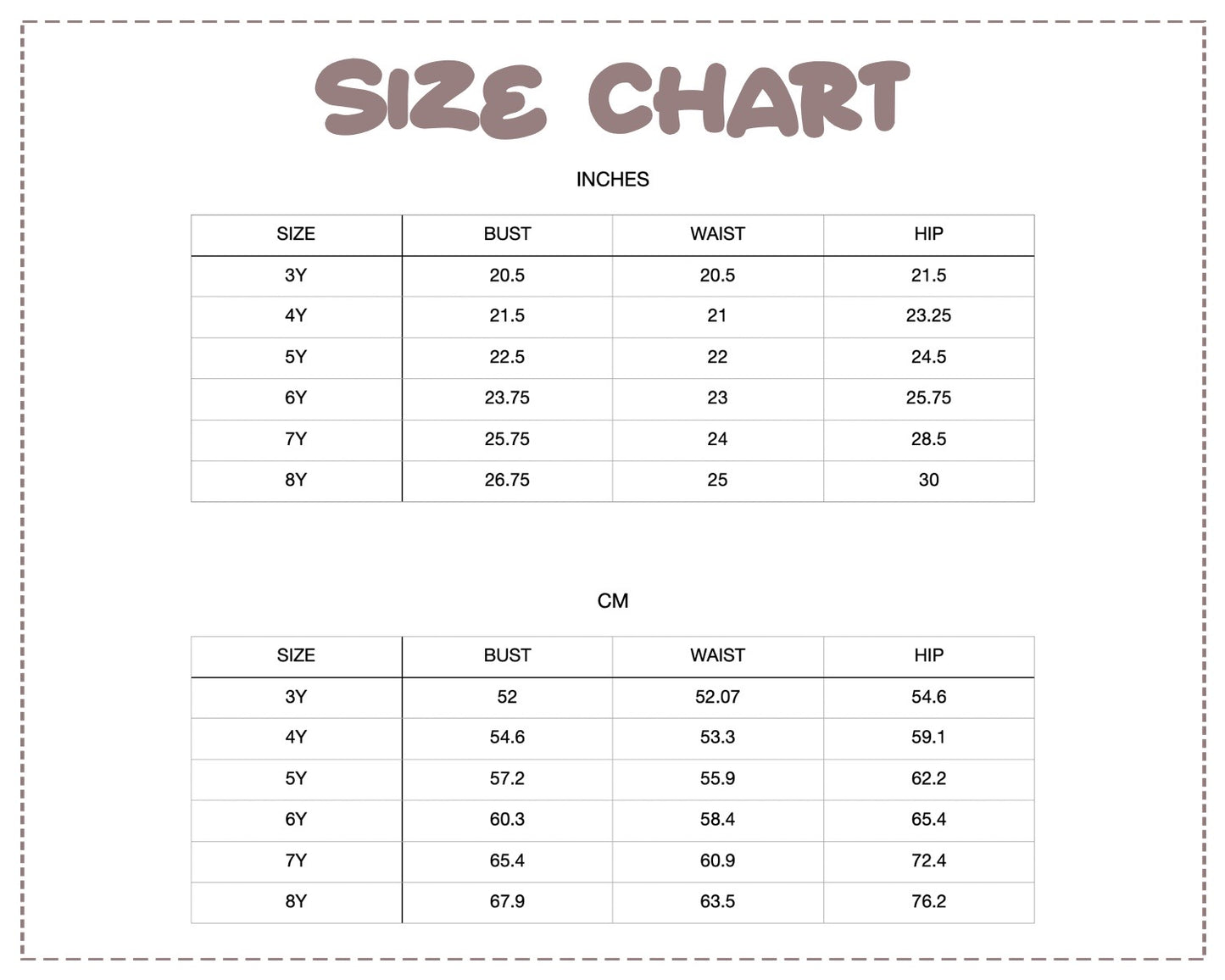 Patterns For Kidz 3Y–8Y size chart.
