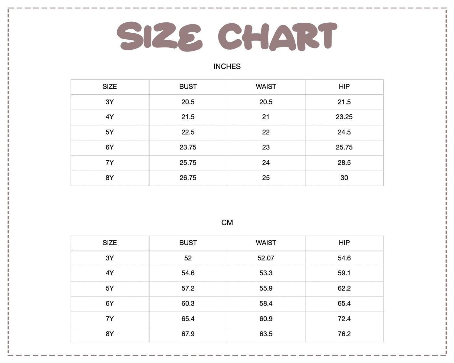 Patterns For Kidz 3Y–8Y size chart.