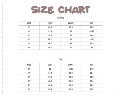 Patterns For Kidz 3Y–8Y size chart.