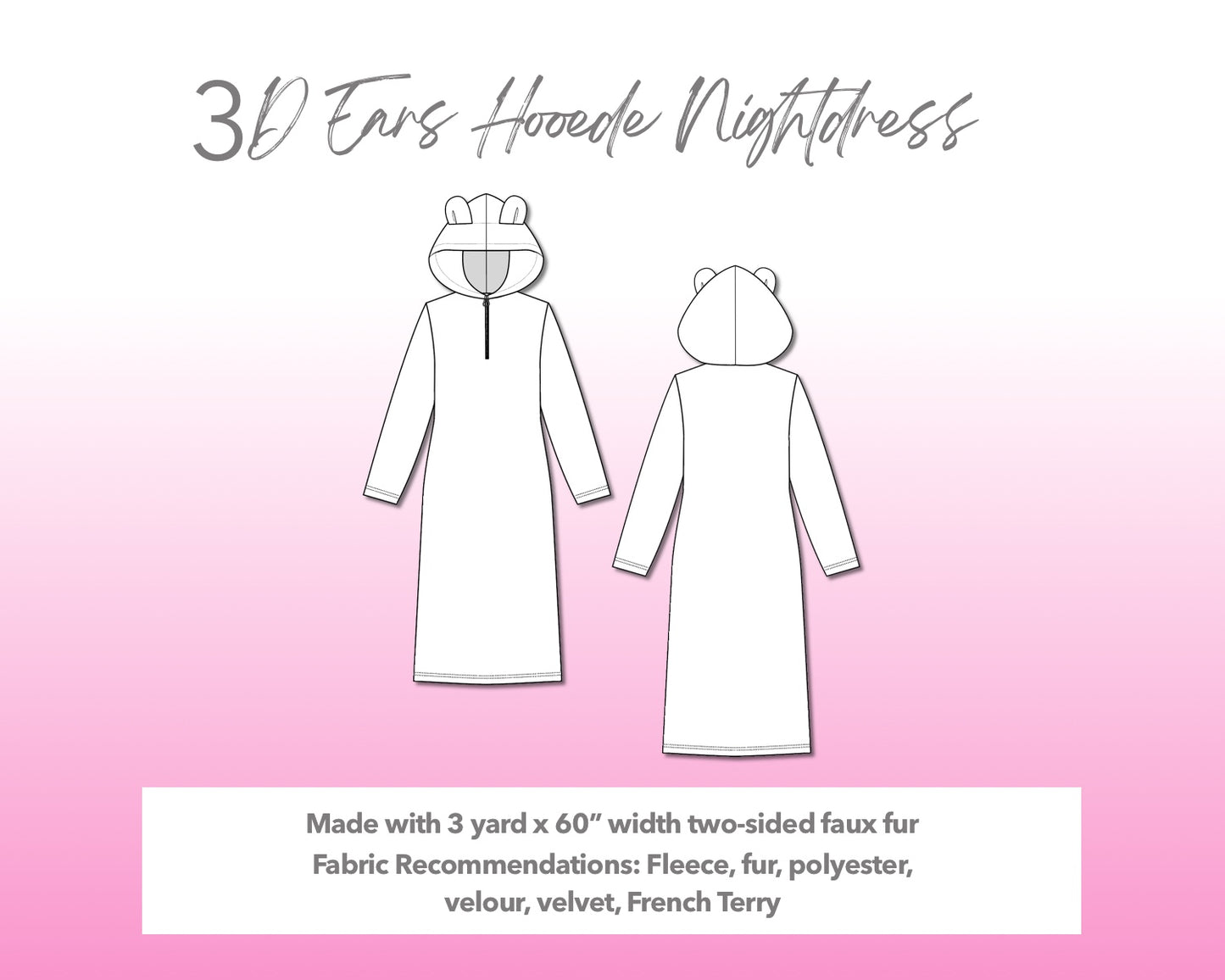 Illustration and detailed description for 3D Ears Hooded Nightdress sewing pattern.