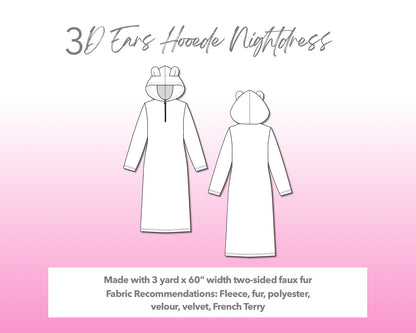 Illustration and detailed description for 3D Ears Hooded Nightdress sewing pattern.