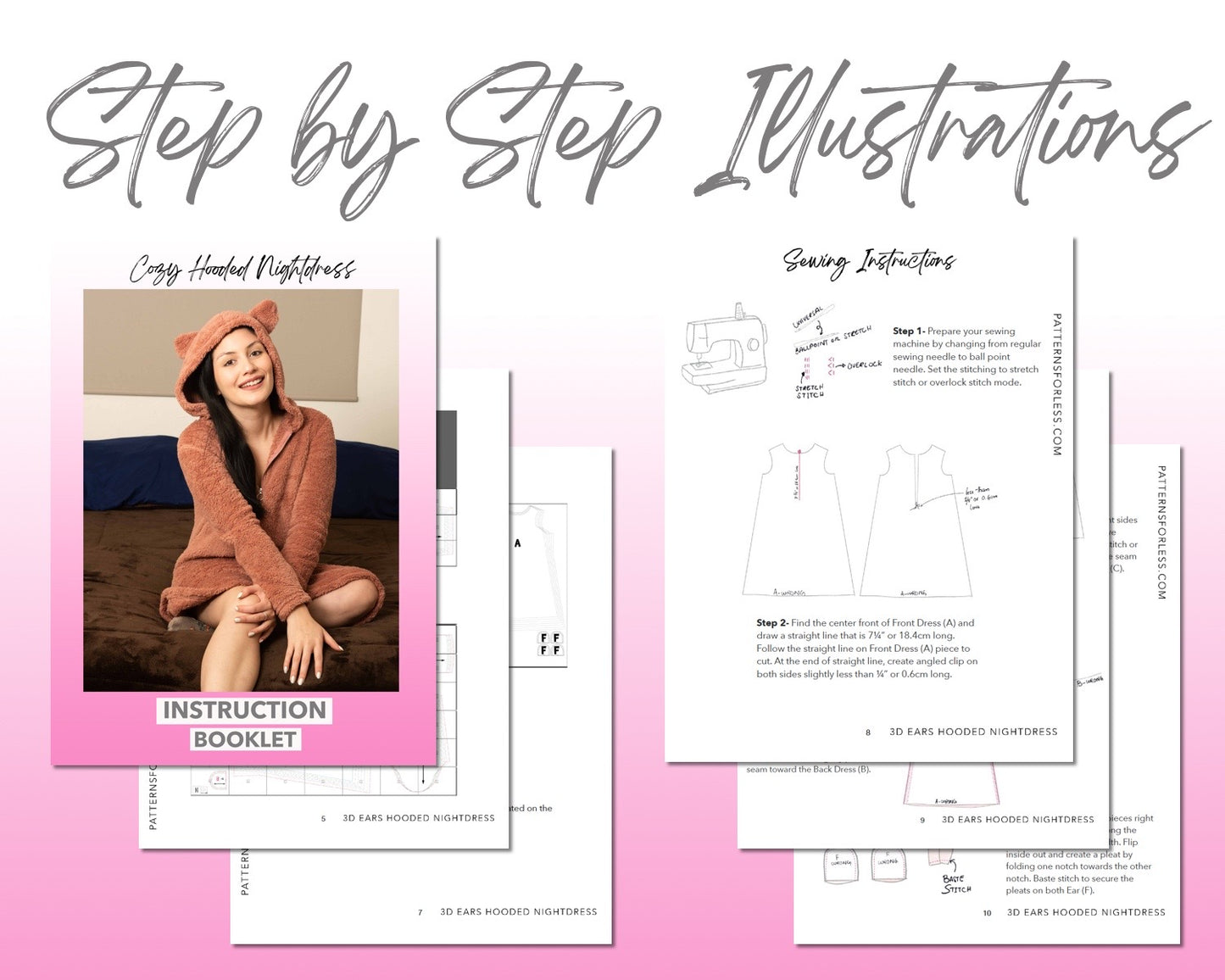 3D Ears Hooded Nightdress sewing pattern step by step illustrations.