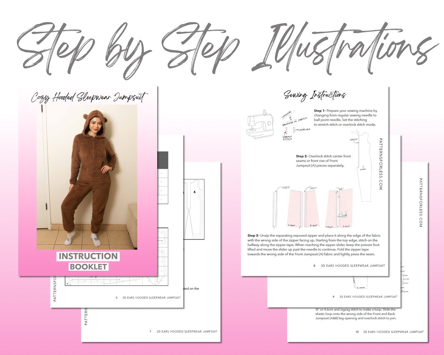 3D Ears Hooded Sleepwear Jumpsuit sewing pattern step by step illustrations.