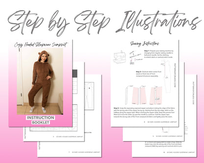 3D Ears Hooded Sleepwear Jumpsuit sewing pattern step by step illustrations.