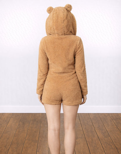 Back view of woman wearing a brown 3D Ears Hooded Sleepwear Romper against a white background.