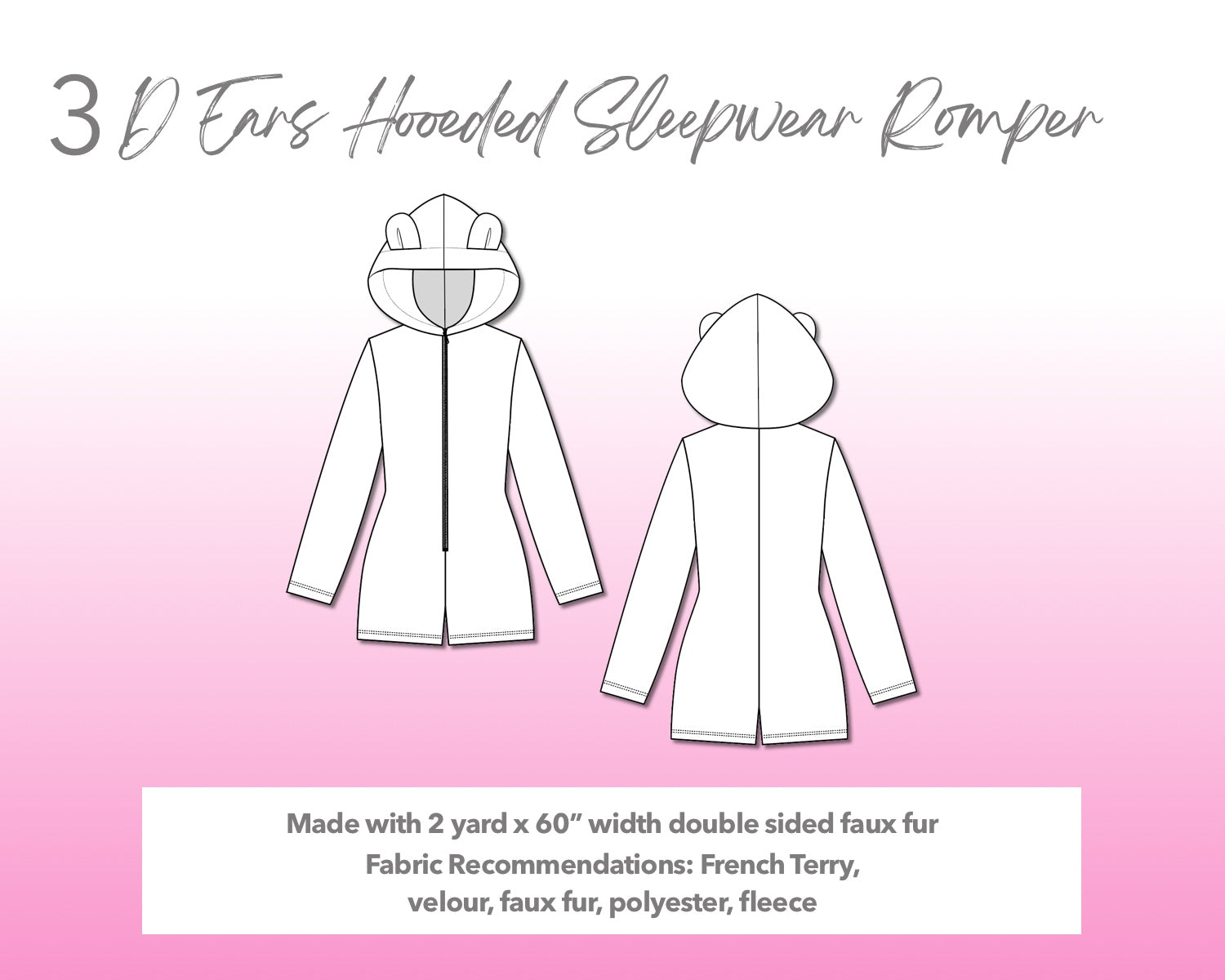 Illustration and detailed description for 3D Ears Hooded Sleepwear Romper sewing pattern.