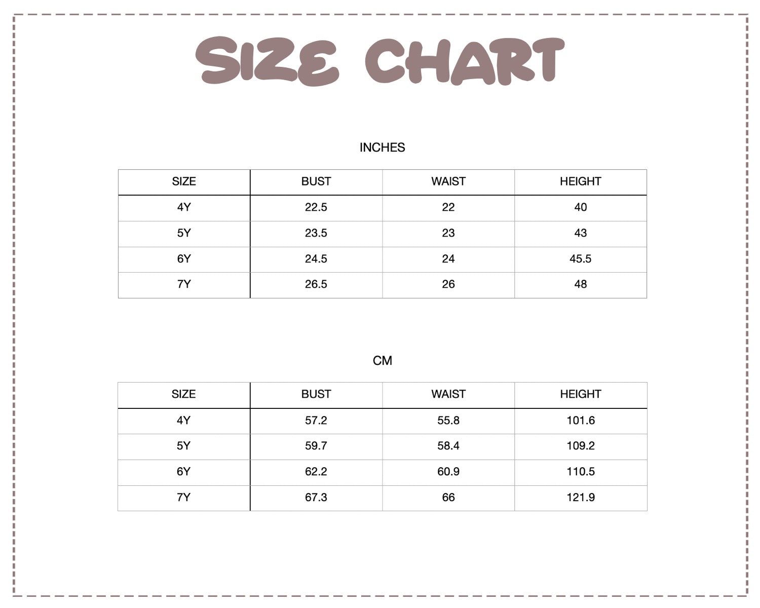 Patterns For Kidz size chart 4Y-7Y.
