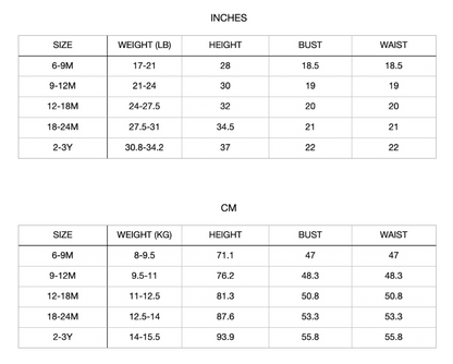 Patterns For Kidz 6m-3y size chart