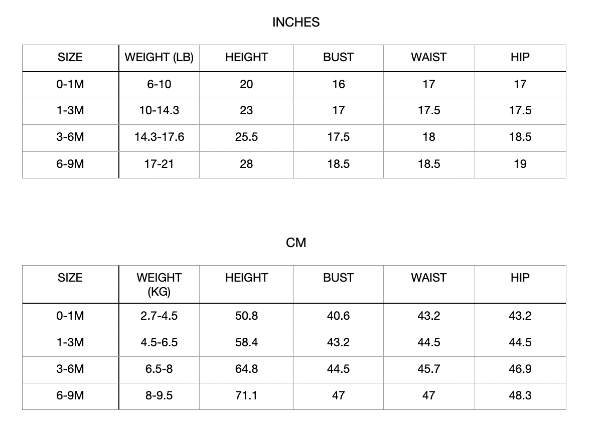 Patterns For Kidz size chart.