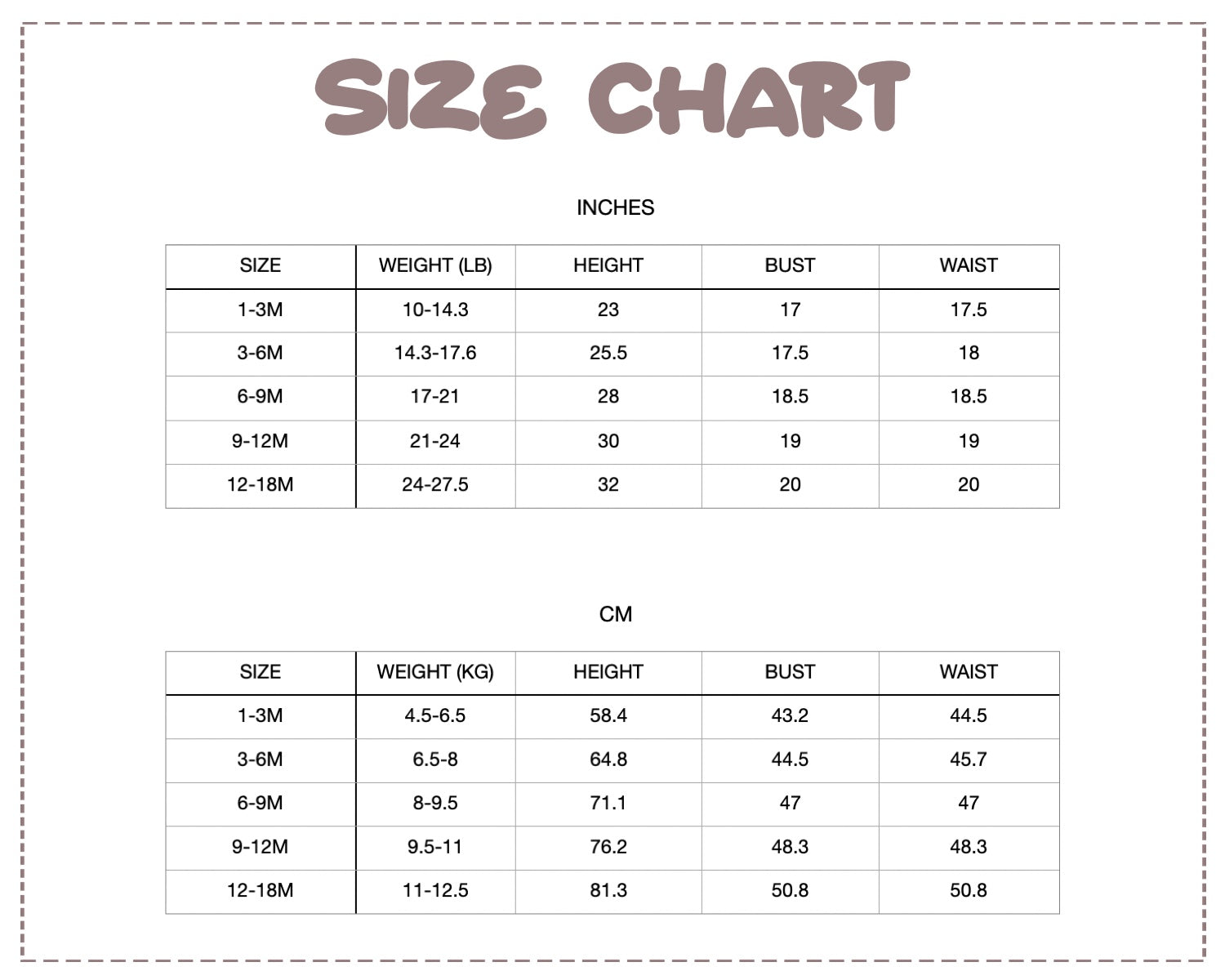 Patterns For Kidz size chart.