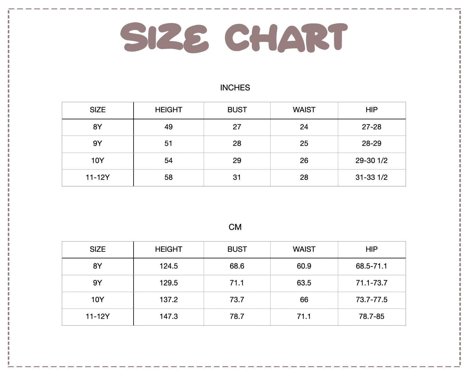 Patterns For Kidz size chart.