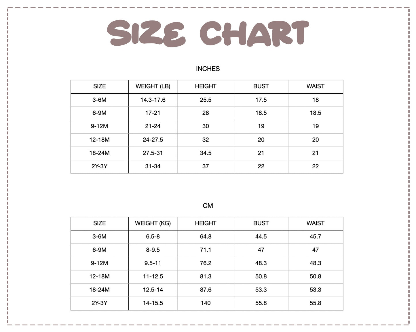 Patterns For Kidz size chart.