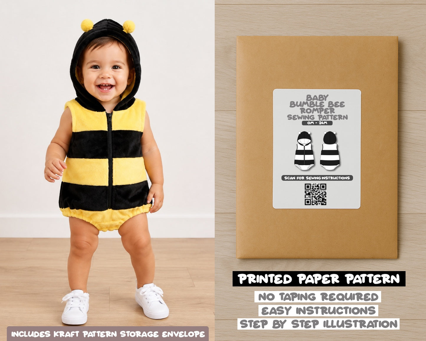 Baby Bumble Bee Romper printed sewing pattern with easy instructions and step by step illustrations.
