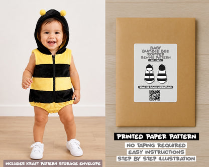 Baby Bumble Bee Romper printed sewing pattern with easy instructions and step by step illustrations.