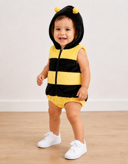 Side view of a baby wearing a plush yellow and black bumble bee costume with a hood featuring yellow pom-poms, standing on a light wood floor against a white wall.