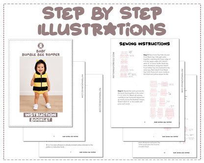 Baby Bumble Bee Romper sewing pattern instruction booklet showing step by step illustrations to make the garment.