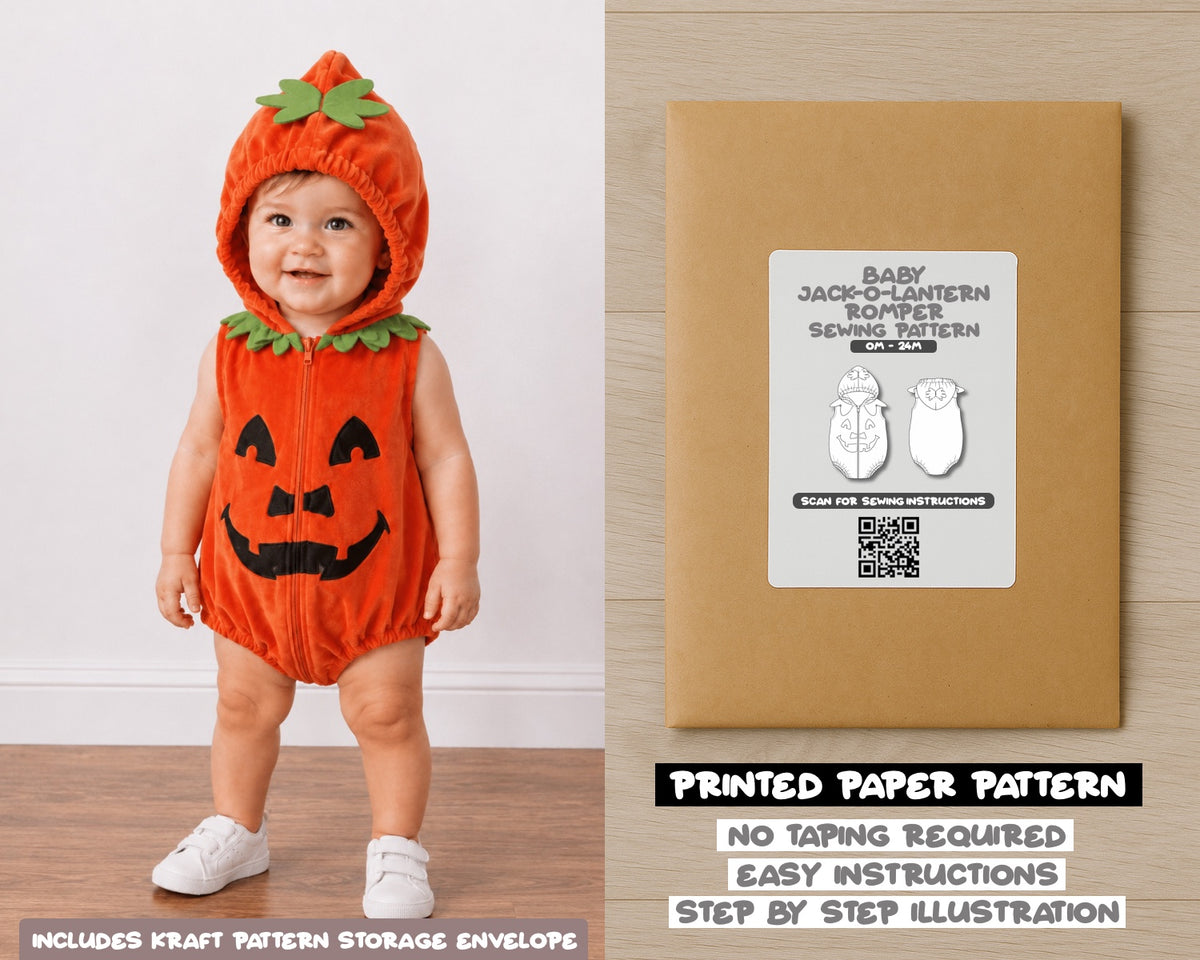 Baby Halloween Jack-o-Lantern Romper printed sewing pattern with easy instructions and step by step illustrations.