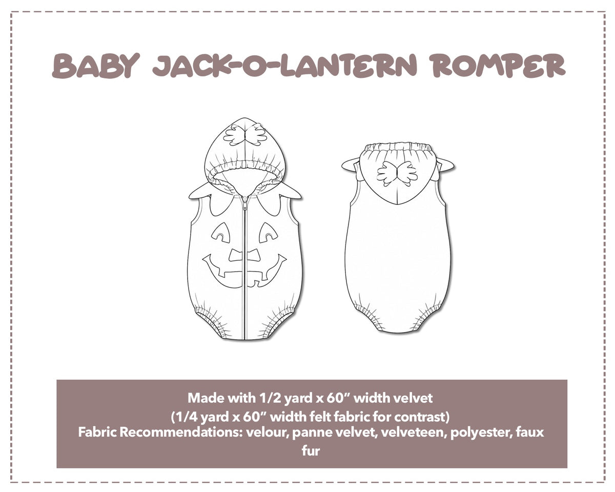 Illustration and detailed description for Baby Halloween Jack-o-Lantern Romper sewing pattern. Made with ½ yard x 60” width velvet and ¼ yard x 60” width felt fabric for contrast. Other Fabric Recommendations: velour, panne velvet, velveteen, polyester, faux fur.