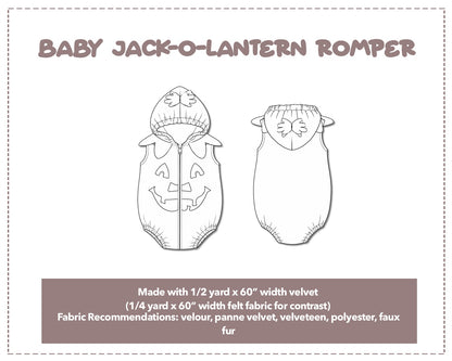 Illustration and detailed description for Baby Halloween Jack-o-Lantern Romper sewing pattern. Made with ½ yard x 60” width velvet and ¼ yard x 60” width felt fabric for contrast. Other Fabric Recommendations: velour, panne velvet, velveteen, polyester, faux fur.