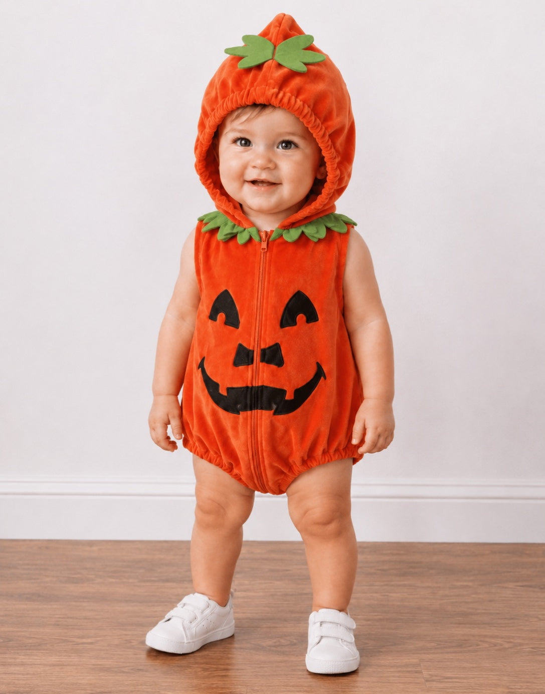 A baby wearing a plush orange Halloween pumpkin costume with a black jack-o'-lantern face and green leaf accents on the hood and neckline, standing on a wooden floor against a white wall.