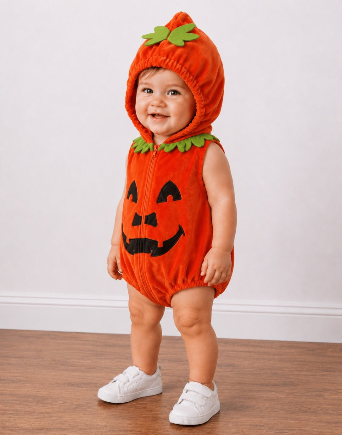 Side view of a baby wearing a bright orange pumpkin costume with a hood, green leaf trim, and a black jack-o'-lantern face, standing on a wooden floor against a white wall.