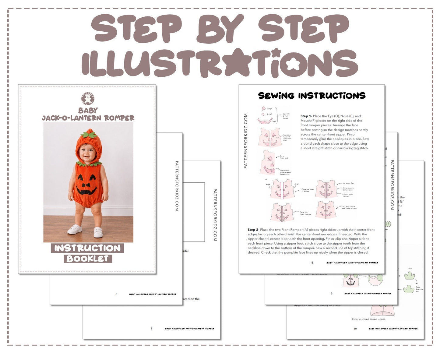 Baby Halloween Jack-o-Lantern Romper sewing pattern instruction booklet showing step by step illustrations to make the garment.
