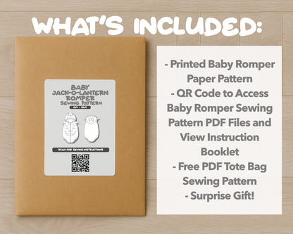 What is included with the printed Baby Halloween Jack-o-Lantern Romper paper sewing pattern 