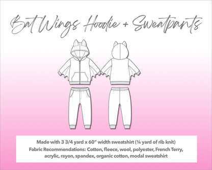 Illustration and detailed description for Bat Wings Hoodie and Sweatpants Set sewing pattern. Made with 3¾ yard x 60” width sweatshirt and ¼ yard of rib knit. Other Cotton, fleece, wool, polyester, French Terry, acrylic, rayon, spandex, organic cotton, modal sweatshirt
