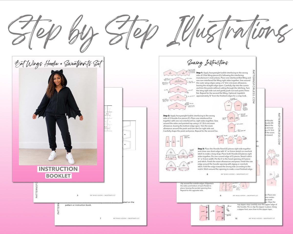 Bat Wings Hoodie and Sweatpants Set sewing pattern instruction booklet showing step by step illustrations to make the garment.