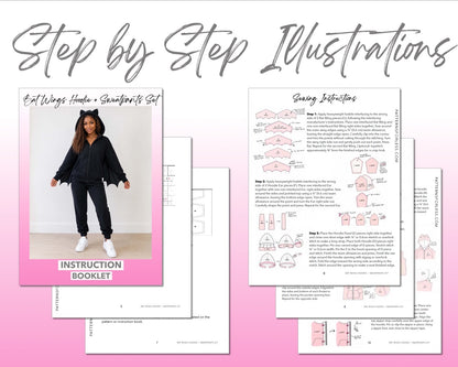 Bat Wings Hoodie and Sweatpants Set sewing pattern instruction booklet showing step by step illustrations to make the garment.