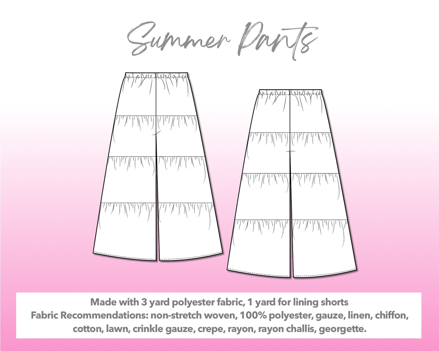 Illustration and detailed description for Boho Tiered Pants sewing pattern.