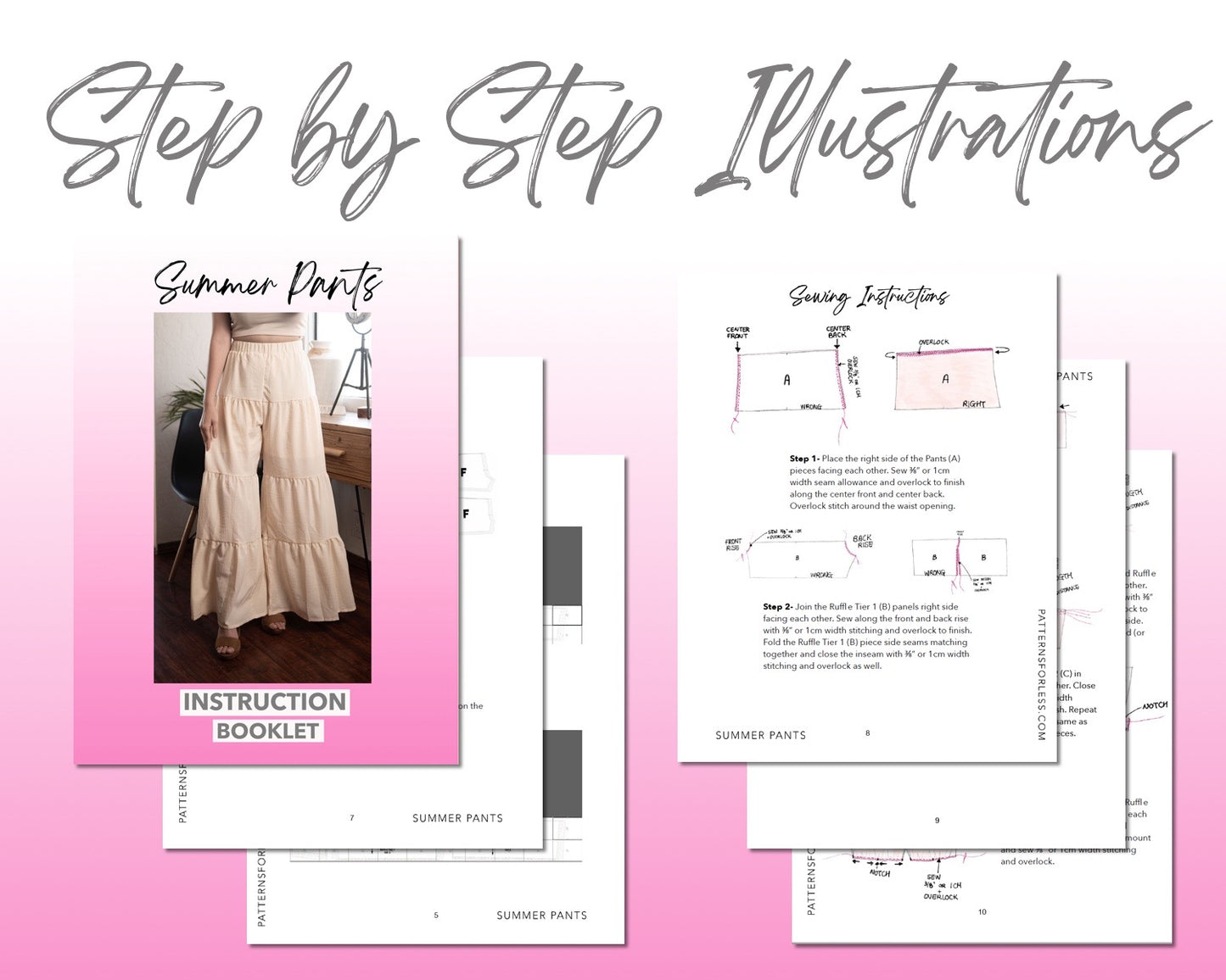 Boho Tiered Pants sewing pattern step by step illustrations.