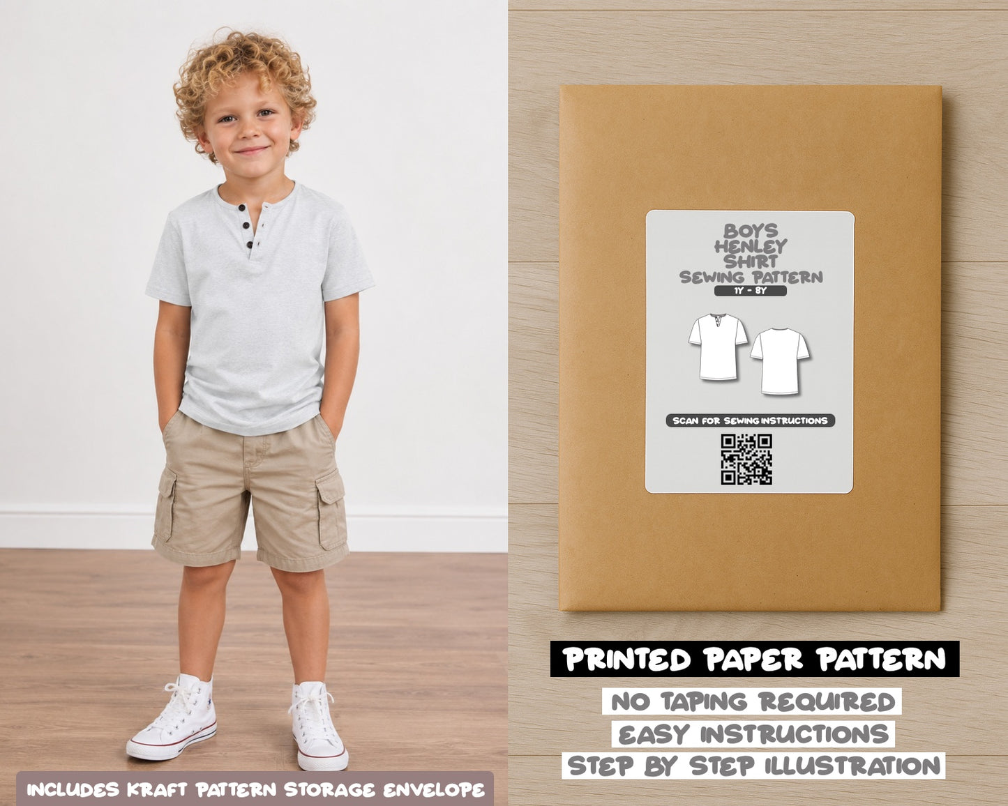 Boys Button Front Henley Short Sleeve T-Shirt printed sewing pattern with easy instructions and step by step illustrations.