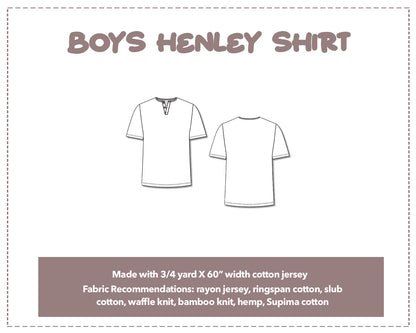 Illustration and detailed description for Boys Button Front Henley Short Sleeve T-Shirt sewing pattern. Made with ¾ yard X 60” width cotton jersey,. Other Fabric Recommendations: rayon jersey, ringspan cotton, slub cotton, waffle knit, bamboo knit, hemp, Supima cotton.