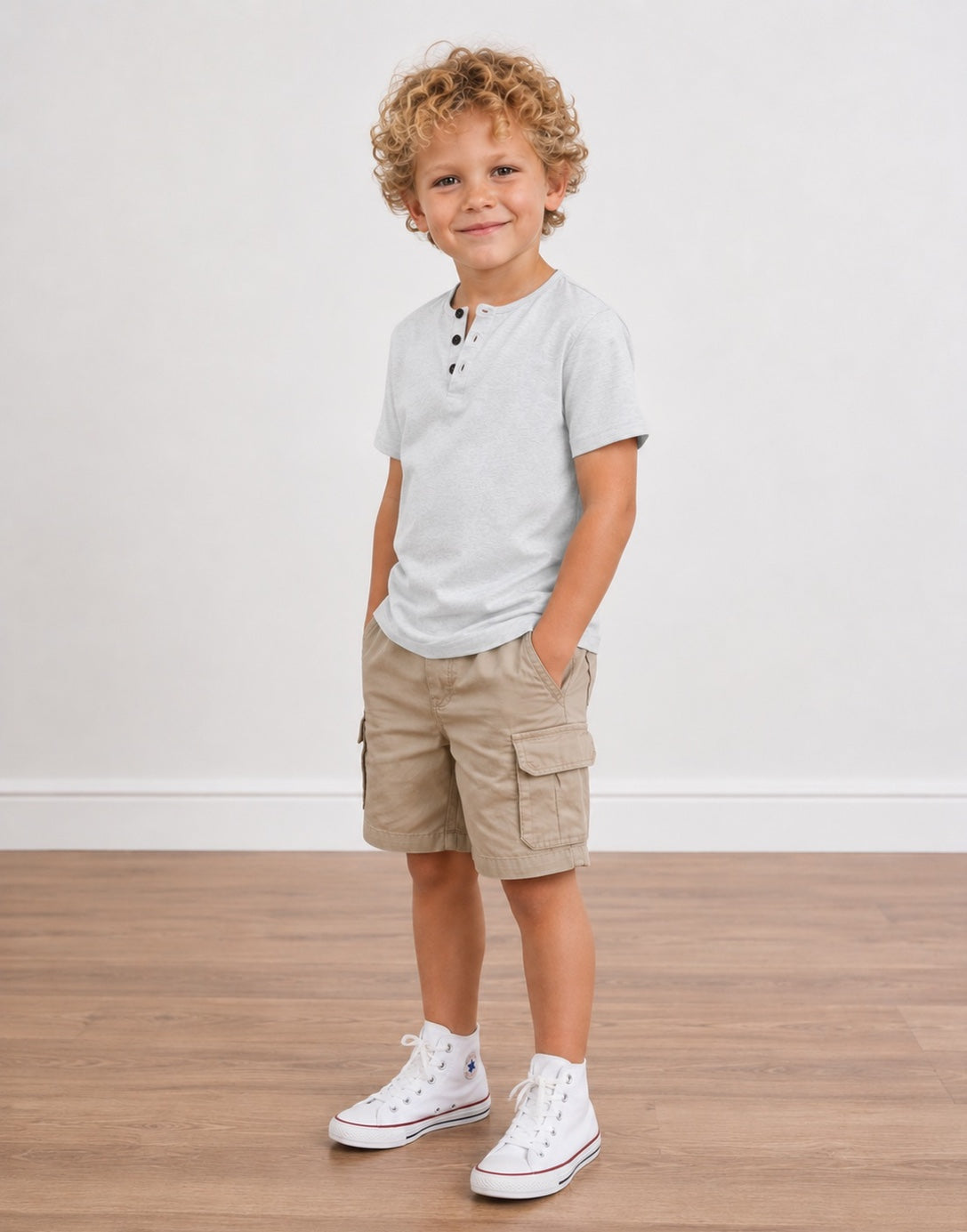 A young boy with curly blonde hair stands in a studio wearing a light gray Short-Sleeve Henley Tee Shirt, khaki cargo shorts, and white sneakers against a white wall and wood floor.