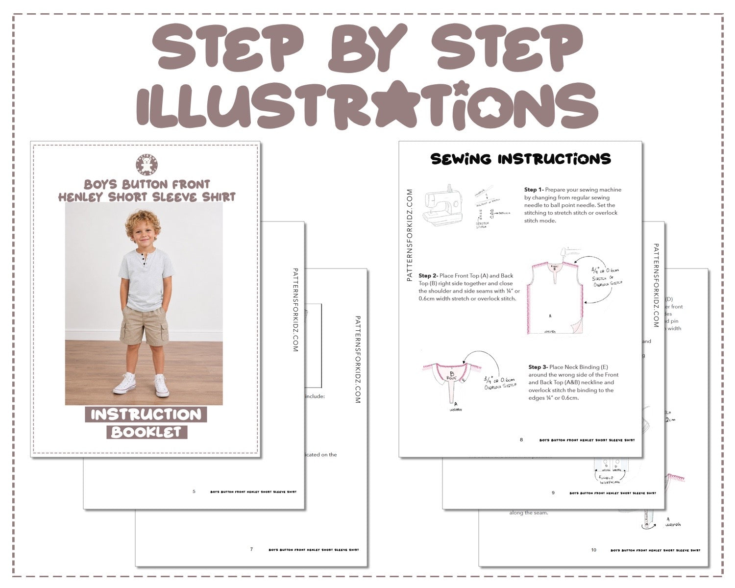 Boys Button Front Henley Short Sleeve T-Shirt sewing pattern instruction booklet showing step by step illustrations to make the garment.