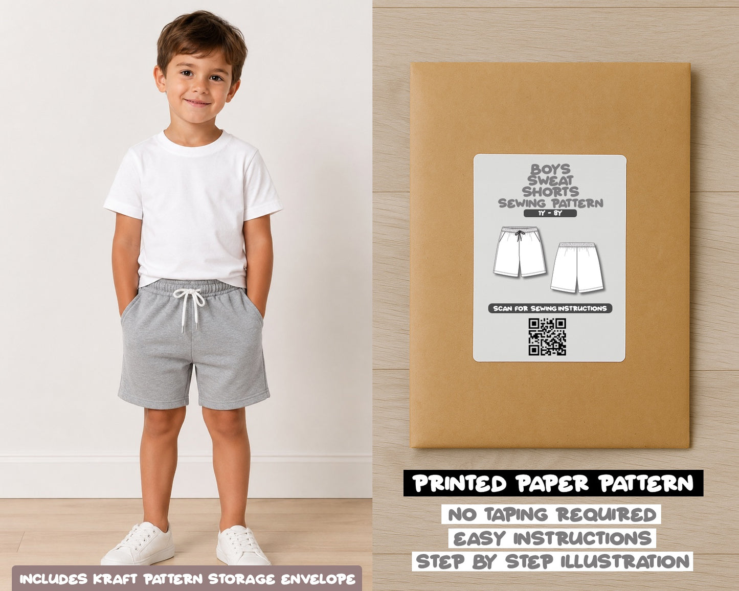 Boys Drawstring Sweat Shorts printed sewing pattern with easy instructions and step by step illustrations.