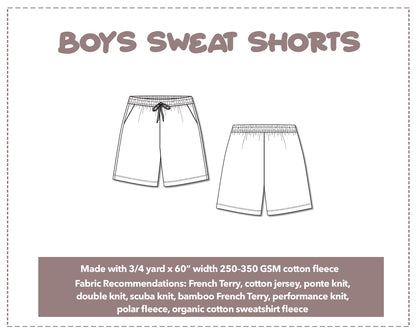 Illustration and detailed description for Boys Drawstring Sweat Shorts sewing pattern. Made with ¾ yard x 60” width 250–350 GSM cotton fleece. Other Fabric Recommendations: French Terry, cotton jersey, ponte knit, double knit, scuba knit, bamboo French Terry, performance knit, polar fleece, organic cotton sweatshirt fleece.