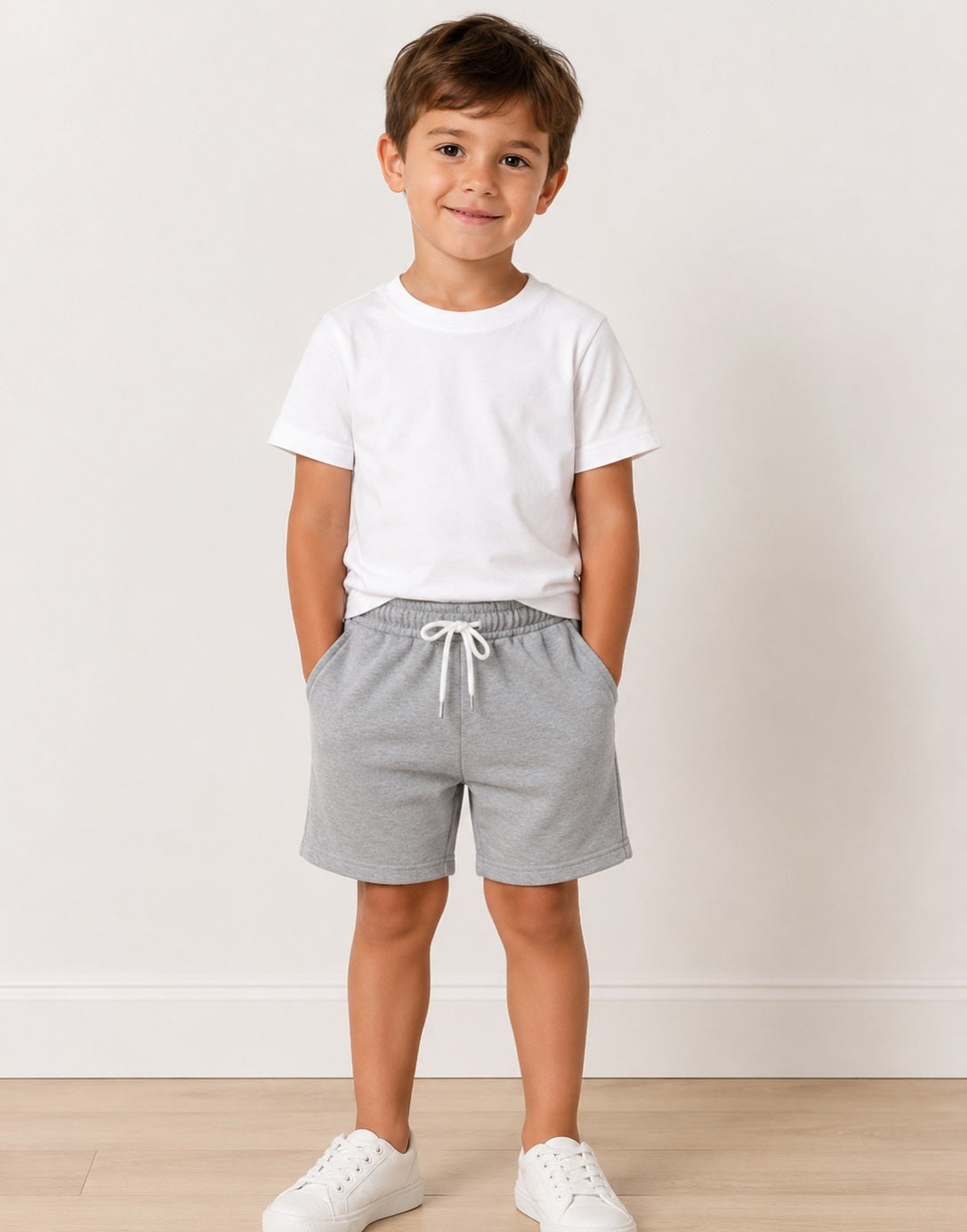 A young boy stands in a studio wearing a white crewneck t-shirt, light gray heathered drawstring shorts, and white sneakers against a light beige wall and wood floor.