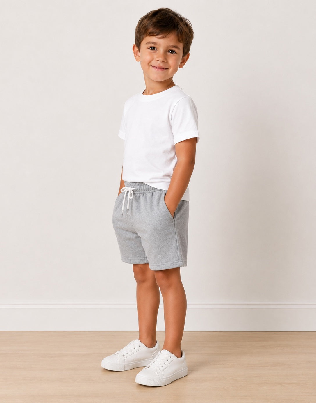 Side view of a young boy stands in a studio wearing a white crewneck t-shirt, light gray heathered drawstring shorts, and white sneakers against a light beige wall and wood floor.
