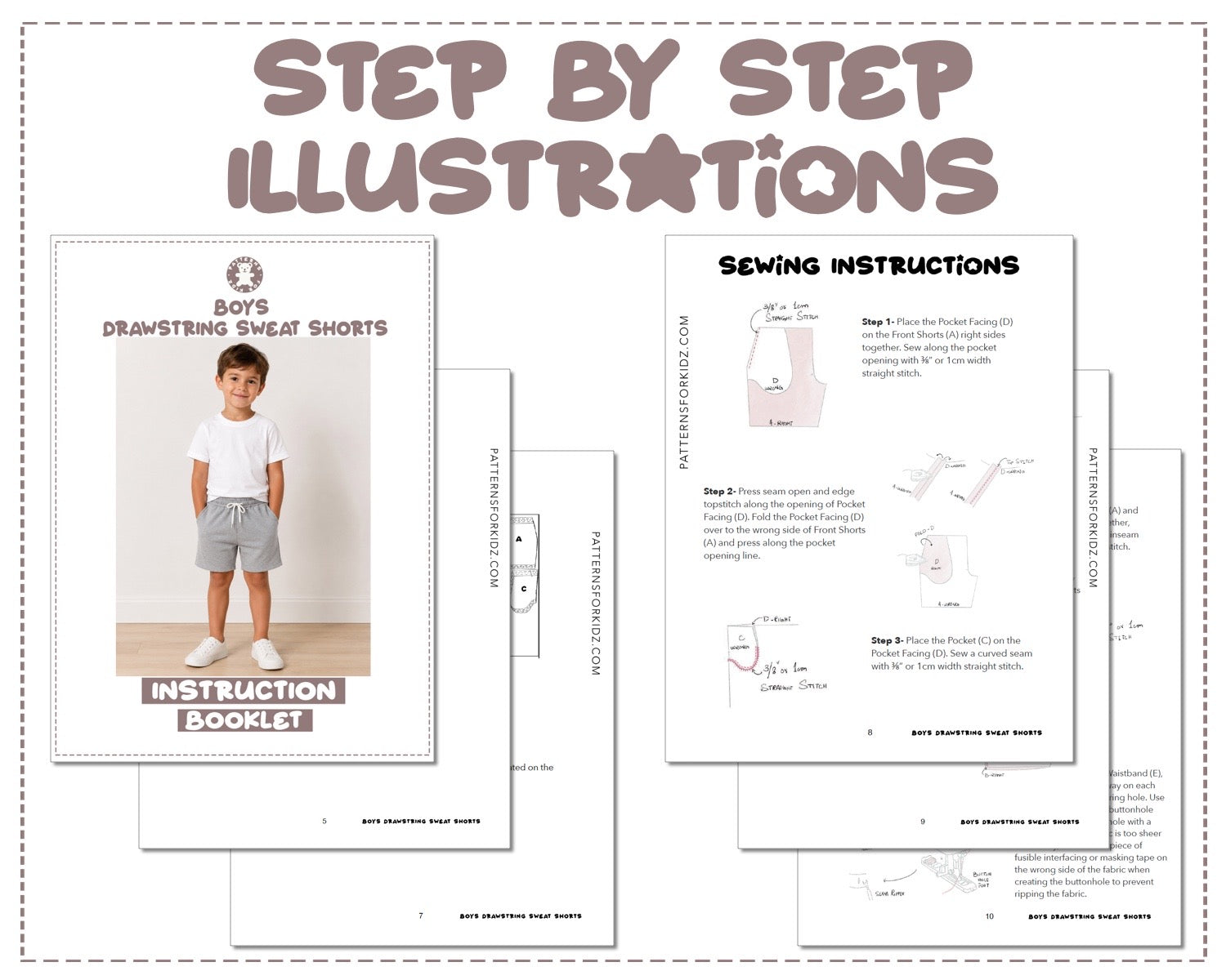 Boys Drawstring Sweat Shorts sewing pattern instruction booklet showing step by step illustrations to make the garment.