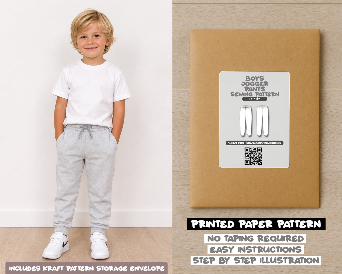 Boys Jogger Pants printed sewing pattern with easy instructions and step by step illustrations
