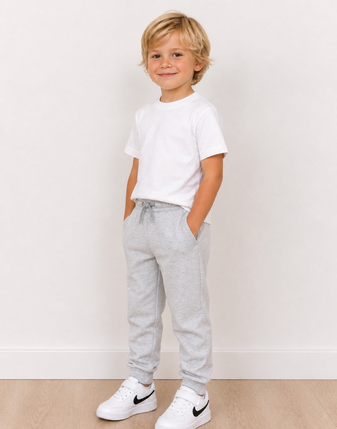 Side view of child wearing a white t-shirt and gray Jogger Pants on a plain background.